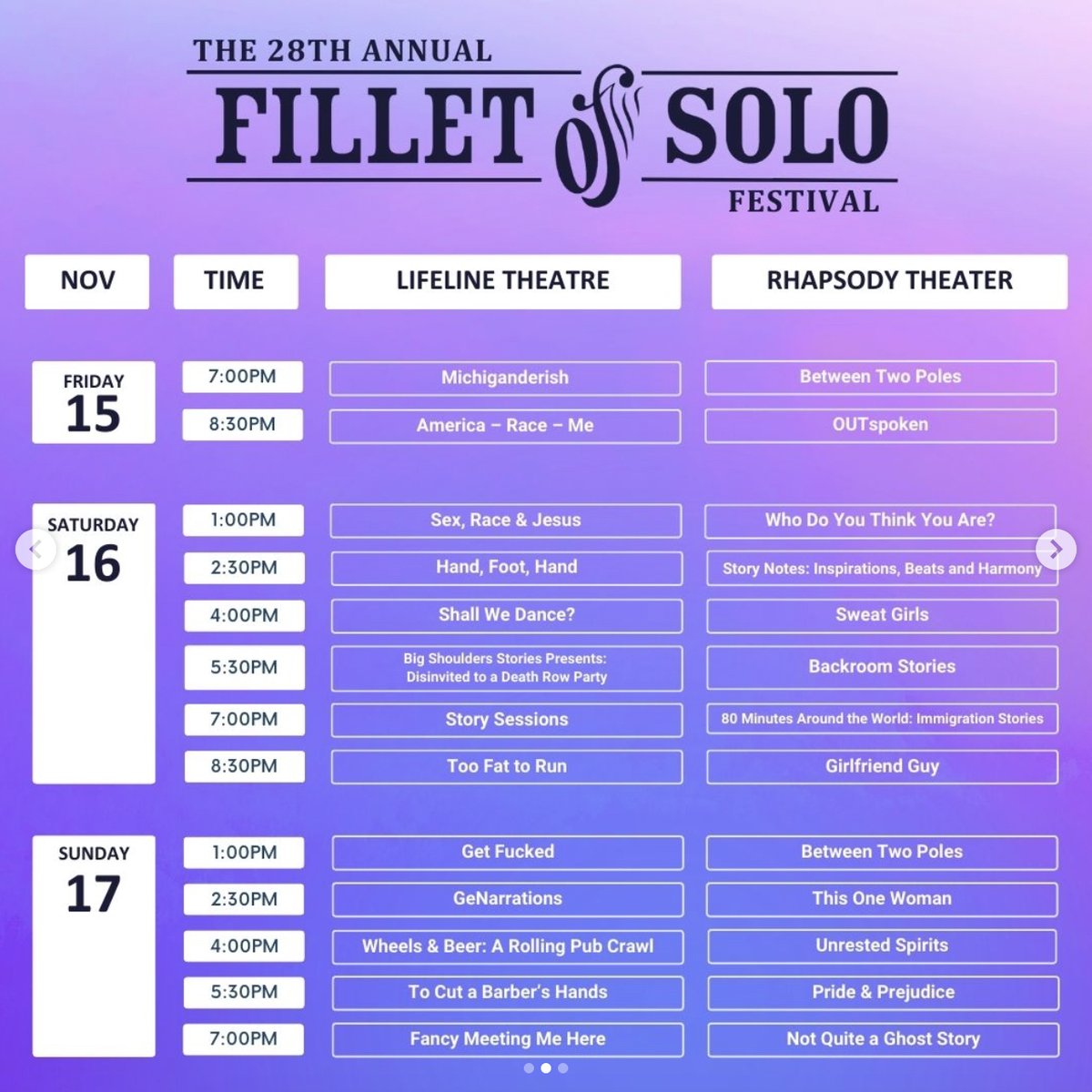 ChicagoPlays (@chicagoplays) on Twitter photo The 28th Annual Fillet of Solo Festival continues this weekend!
Visit lifelinetheatre.com for a full schedule and to purchase tickets.
📍 Across two Rogers Park venues, including <a href="/rhapsodytheater/">Rhapsody Theater Chicago</a>, bringing you closer to the heart of Chicago’s dynamic storytelling scene. The 28th Annual Fillet of Solo Festival continues this weekend!
Visit lifelinetheatre.com for a full schedule and to purchase tickets.
📍 Across two Rogers Park venues, including <a href="/rhapsodytheater/">Rhapsody Theater Chicago</a>, bringing you closer to the heart of Chicago’s dynamic storytelling scene.