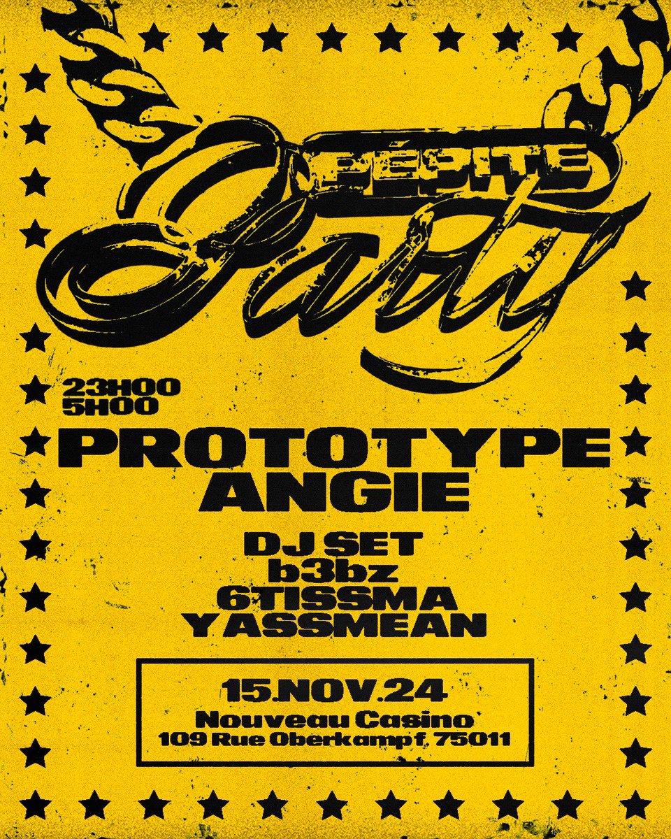 La Pépite Party #2 🌟 c’est VENDREDI, au Nouveau Casino (comme la 1ère édition) 📍 

🪩 23h-5h 
⚠️ Fermeture des portes à 2h 

Vous y retrouverez Angie &amp; Prototype en showcase avec des djs sets de b3bz, Yassmean, et 6tissma 🕺🏽

On a hâte de vous voir ! 💛
À vendredi !