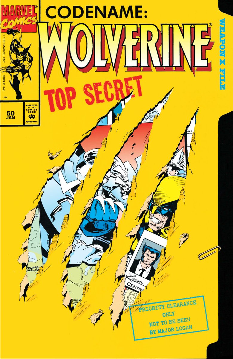 AustinGorton's tweet photo. 317 - Wolverine (vol. 2) #50 (11/12/1991)
One of the more clever 90s cover gimmicks. He's there beneath the file folder, I swear. π
Cover by Marc Silvestri and Dan Green. Interiors by Larry Hama & Silvestri.
#WolverineADay #Wolverine50 #Xmen #Wolverine #WolverineV2 https://t.co/buC5DMEm5x