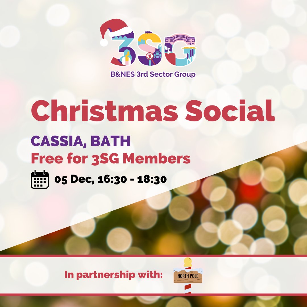 Come along to our Christmas Social on Dec 5th in Bath!🎄 If you work or volunteer for a local charity or community group in B&amp;NES, please join us for a festive social together with fellow 3SG members, local colleagues &amp; likeminded individuals.
👉RSVP here: bit.ly/3O5Cyjp