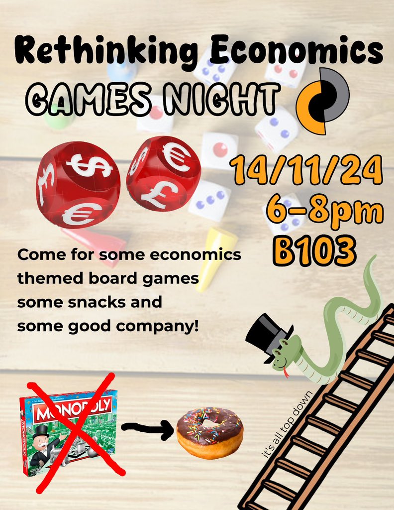 Come along for an evening of some economics themed games, some snacks and some good company! You can sign up on native through the link in our linktree: linktr.ee/rethinkeconsoas