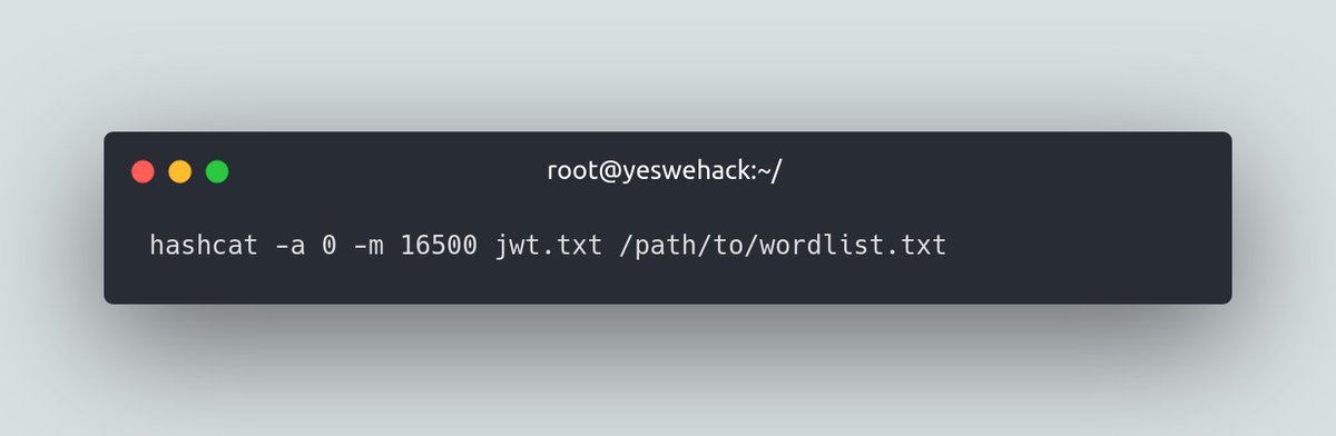 yeswehack's tweet photo. Cracking JWTs: What You Need to Know!

To crack a weak secret in a JWT you can use hashcat with this simple command below! 👇

#YesWeRHackers #BugBountyTips https://t.co/AgWXqz0Kql