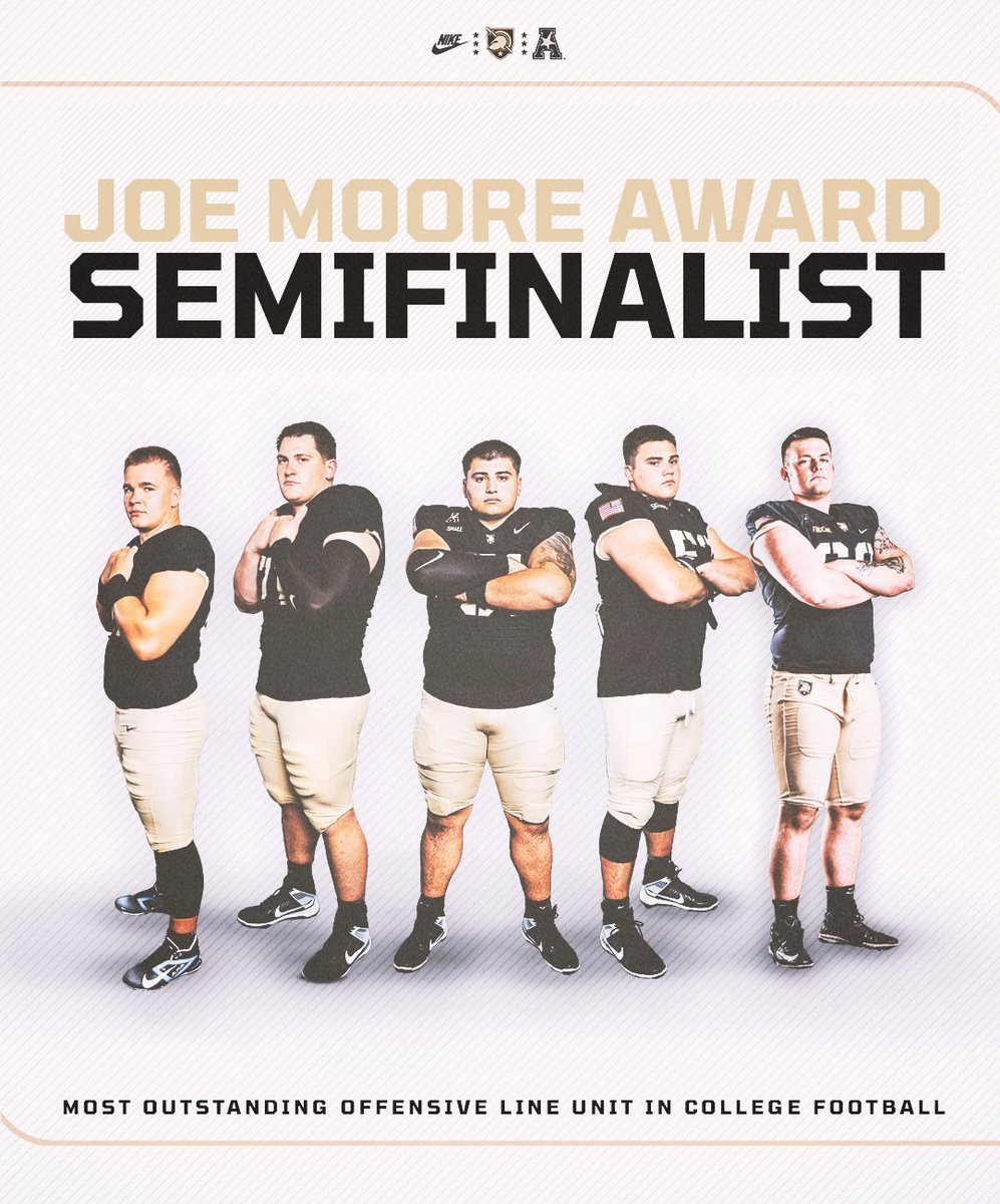 Army Football (@armywp_football) on Twitter photo The OL unit selected as a <a href="/JoeMooreAward/">Joe Moore Award</a> Semifinalist ๐ซก
โ goarmywestpoint.com/news/2024/11/1โฆ The OL unit selected as a <a href="/JoeMooreAward/">Joe Moore Award</a> Semifinalist ๐ซก
โ goarmywestpoint.com/news/2024/11/1โฆ