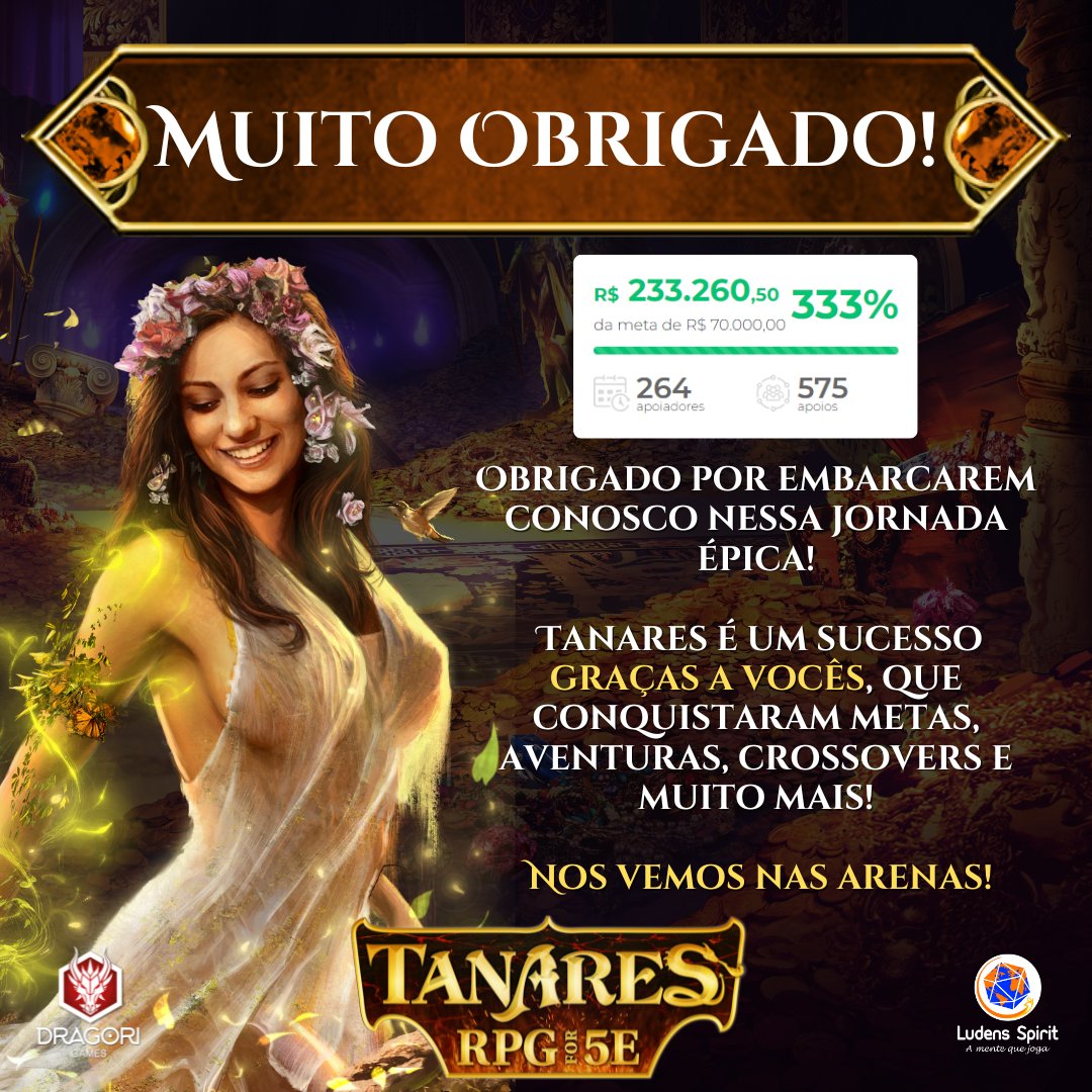 LUDENSSPIRIT's tweet photo. 🔥 GRAÇAS A VOCÊS! 🔥

A campanha de Tanares foi um sucesso épico!

1000+ páginas, novas aventuras, baralho de poderes e crossovers incríveis!

 Nos vemos nas Arenas – a jornada está só começando! https://t.co/rG0RU23ze3