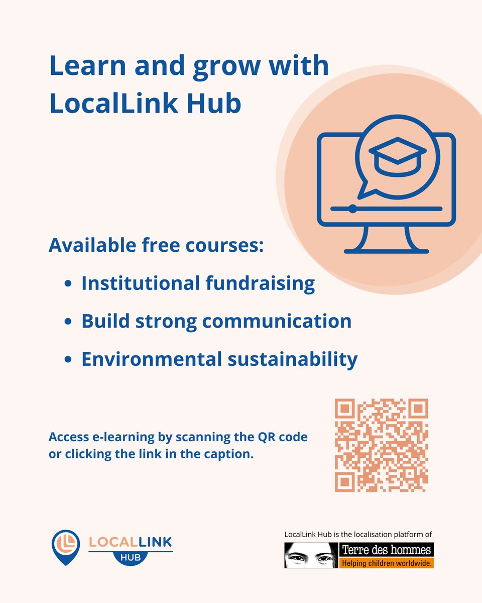 📚 Free #elearning courses for local NGOs! 

Whether you're looking to enhance your fundraising efforts, improve communication strategies, or learn about environmental sustainability, our #LocalLinkHub got you covered!

➡️ locallink.childhub.org/en/locallink-l…

✅ Certificate upon completion