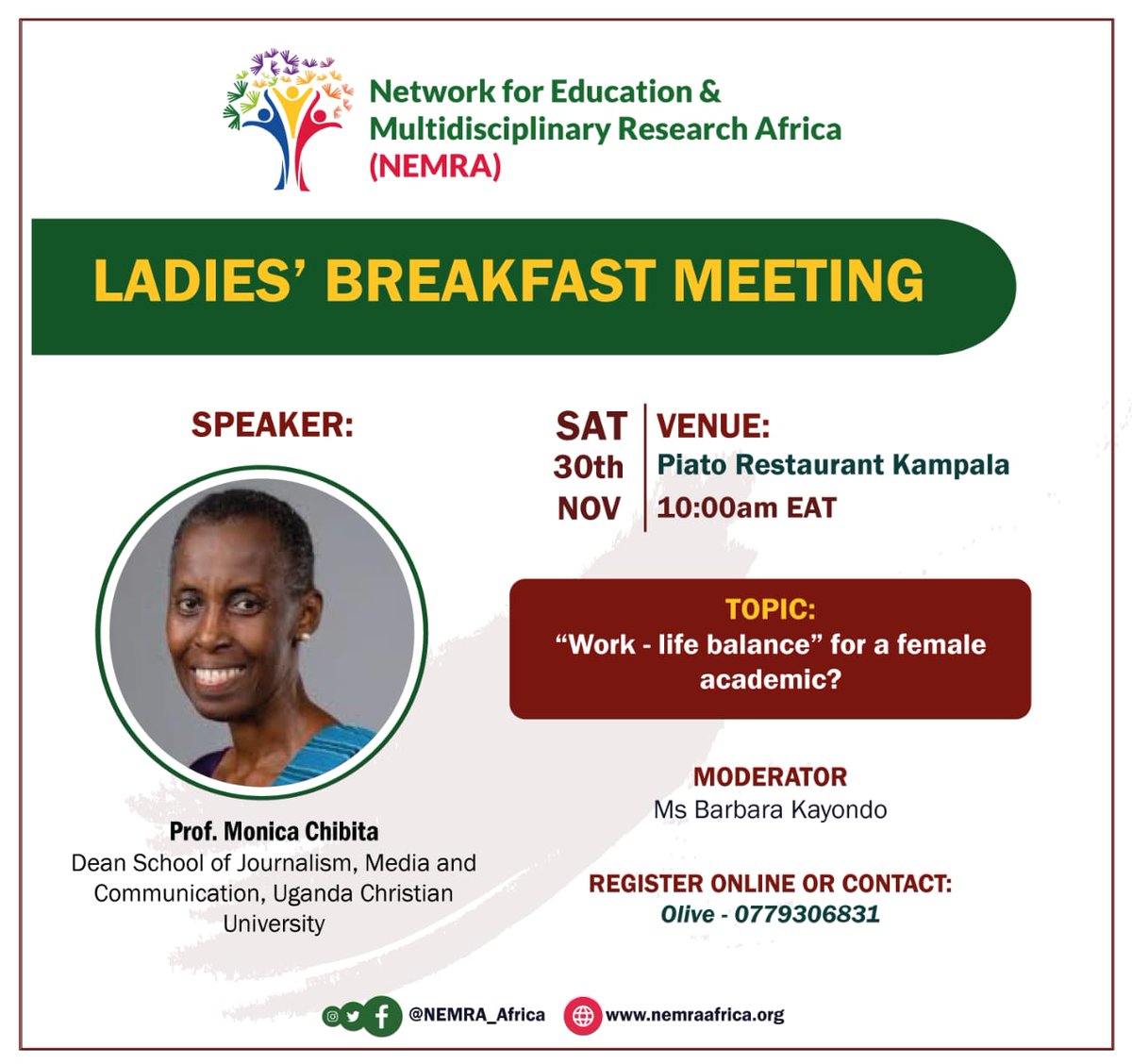 Hi ladies in academia in and around Kampala, time to eat breakfast <a href="/piatokampala/">Piato Restaurant</a>  while listening to wisdom from <a href="/Mbchibita/">Monica B. Chibita</a>  
Registration on here forms.gle/hWARfGc3dGcc1w…

<a href="/NEMRA_Africa/">Network for E & M Research Africa</a> <a href="/UCUResearch/">UCU Research Partnerships & Innovation</a> <a href="/AhimbisibweOsb/">Ahimbisibwe Osborn</a> <a href="/uwera_hadijah/">Hadijah Yahyah</a> <a href="/Makerere/">Makerere University</a> <a href="/UNCST_Uganda/">UNCST_Uganda</a> <a href="/RugyendoQuotes/">Arinaitwe Rugyendo🇺🇬</a> <a href="/busingye/">Kukunda Liz Bacwayo</a>