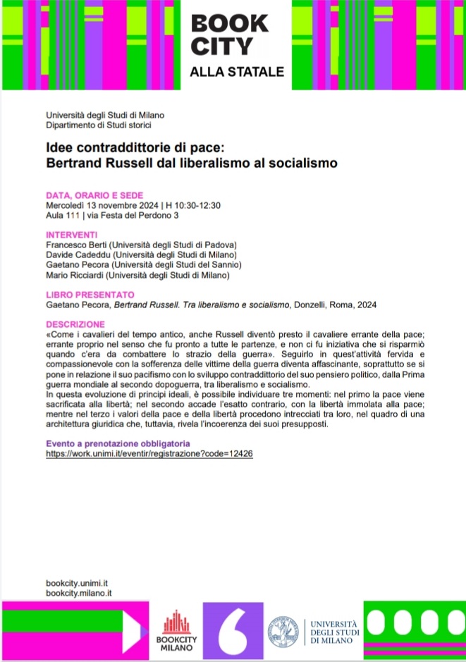 Domani, mercoledì 13 novembre, alle 10.30, nell'ambito di <a href="/BOOKCITYMILANO/">BookCity Milano</a>, a <a href="/LaStatale/">Università degli Studi di Milano</a>, parliamo di Bertrand Russell, a partire dal libro recente di Gaetano Pecora. <a href="/DonzelliEditore/">Donzelli Editore</a>