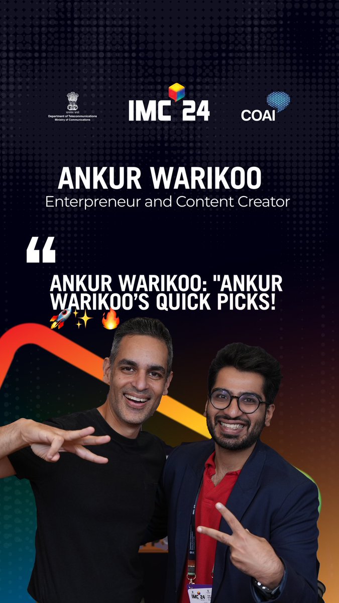 IndiaPodcasts's tweet image. 🚀 Rapid fire with @warikoo  at #imc2024🎙️ From his role as Teacher to his movie title &quot;Kal Ho Na Ho&quot; &amp;amp; fave #Creators like Carry Minati -he spills it all in a fun chat  @IndiaPodcasts ✨@exploreIMC @Anku1912 

  @IMCAspire @startupindia @ConnectCOAI  @CarryminatiFC2 @DoT_India