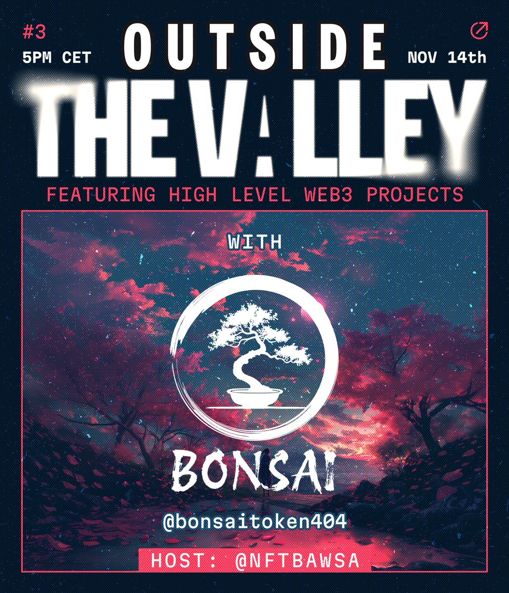 Persona_Journey's tweet photo. Another week, another Persona livestream 🎥

Get ready for Outside The Valley 3!

We’re speaking to @bonsaitoken404 about their social token, Bonsai, and all its uses around the Base ecosystem.

There’s a lot here for people to learn about - we’re really excited to be working with these guys 💛

November 14th at 5PM CET 🗓️

See you there 🅿️
