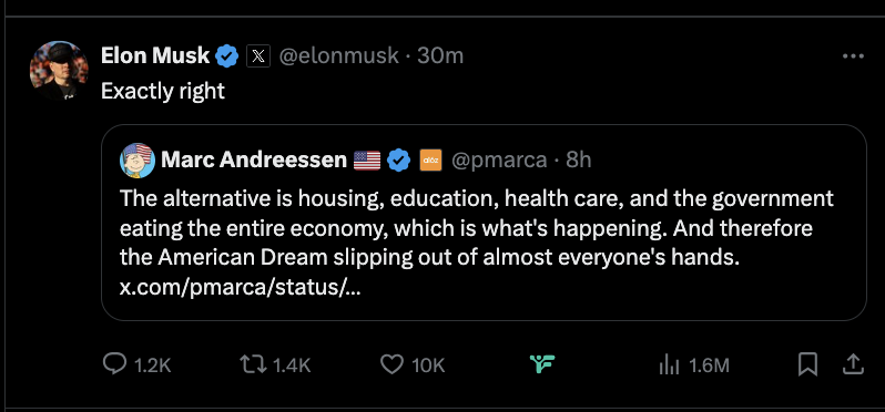 Elon Musk says he will end funding for housing, health care, and education so you can achieve "the American dream."