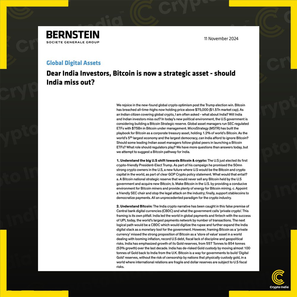 NEW: 🇺🇸 🇮🇳 Bernstein urges Indian government to consider #Bitcoin as a  strategic reserve asset amid U.S. pro-crypto shift.