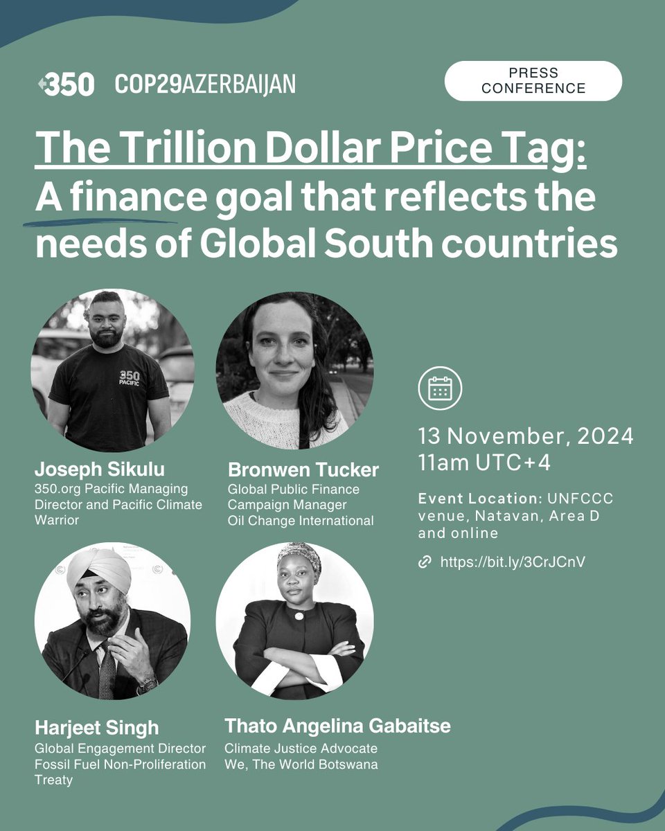 📢 HAPPENING TOMORROW: 350 hosts a panel discussion at #COP29Azerbaijan in Baku to discuss the demands for the new global climate finance goal and the need for it to serve the Global South. 

Follow along here 👉 bit.ly/3CrJCnV