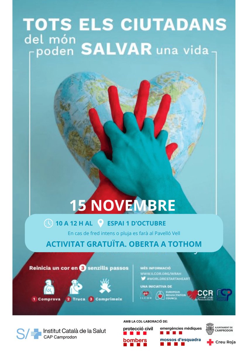 Des del CAP de Camprodon s'organitza una jornada dedicada a la RCP: Tots els ciutadans del món poden salvar una vida. Aquest divendres dia 15 de 10h a 12h. No t'ho perdis! #capcamprodon <a href="/primariaicscat/">Atenció Primària i a la Comunitat de l'ICS</a>