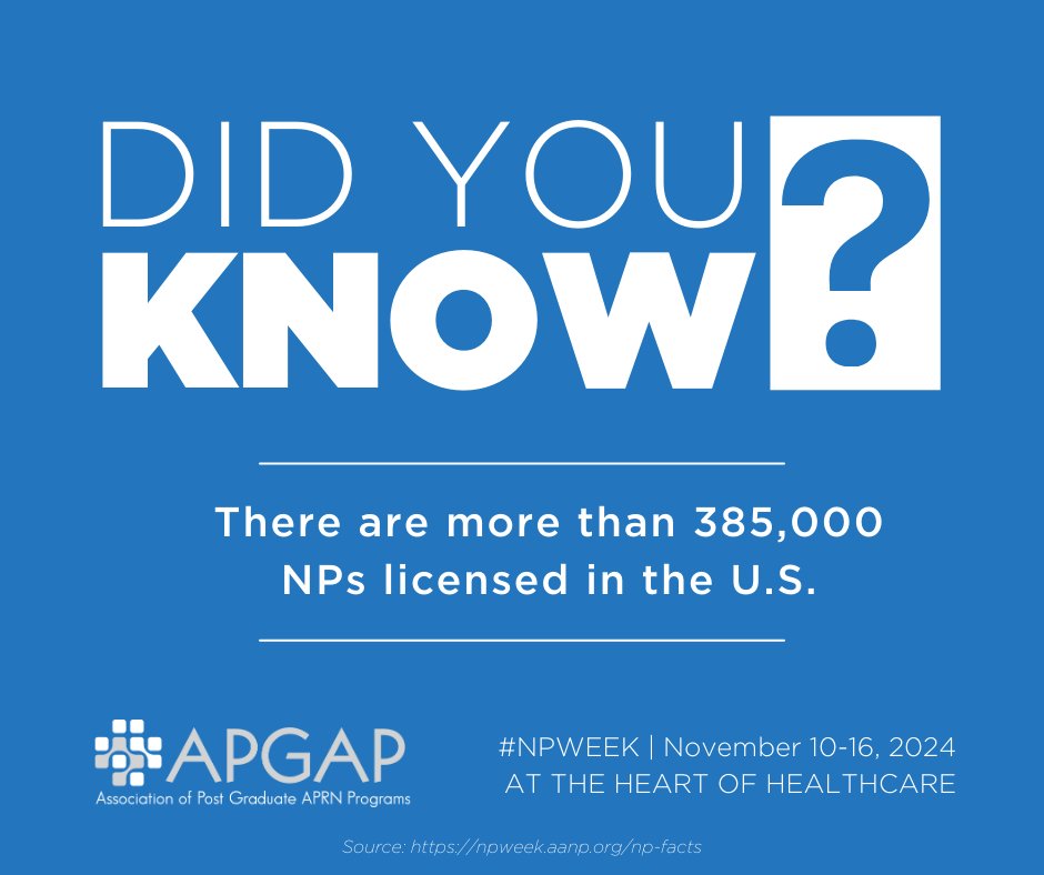 postgradAPRN's tweet photo. Today, we're celebrating over 385,000 licensed Nurse Practitioners in the United States! NPs provide healthcare to millions of people annually, and we're proud of your commitment to meeting our nation’s healthcare needs.

#APGAP #NPWeek #NursePractitioners https://t.co/uHoztyNlKW