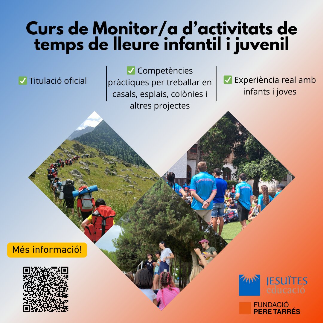 JesuitesEdu's tweet image. ⛰️ Jesuïtes Educació, en col·laboració amb @Fundperetarres, ofereix el curs de Monitor/a d'activitats de temps de #lleure infantil i juvenil.
🔗 Inscripcions 👉 bit.ly/3Y8bJj7