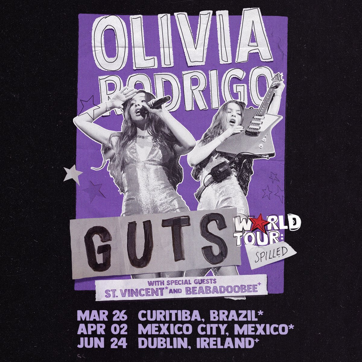 PopBase's tweet photo. Olivia Rodrigo announces GUTS World Tour dates for Brazil, Mexico and Ireland in 2025. 

With special guests St. Vincent and beabadoobee. https://t.co/IkcuBMu9BH