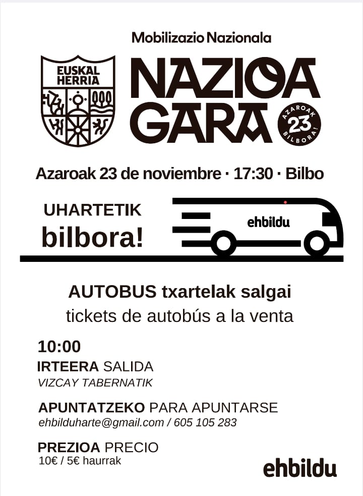 "Nazioa gara" EH Bilduren manifestación.

Azaroak 23an, 17:30ean Bilbon.

Aurten Uharte, Atarrabia eta Ezkabarte autobusa konpartituko dugu.