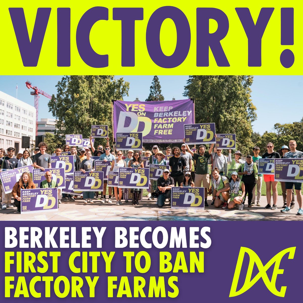 VICTORY! Berkeley will become the first city in the US to ban factory farming. With the majority of the vote counted, 60% of Berkeley voters voted YES on Ballot Measure DD, a prohibition on Concentrated Animal Feeding Operations (CAFOs).

The City of Berkeley has often led the