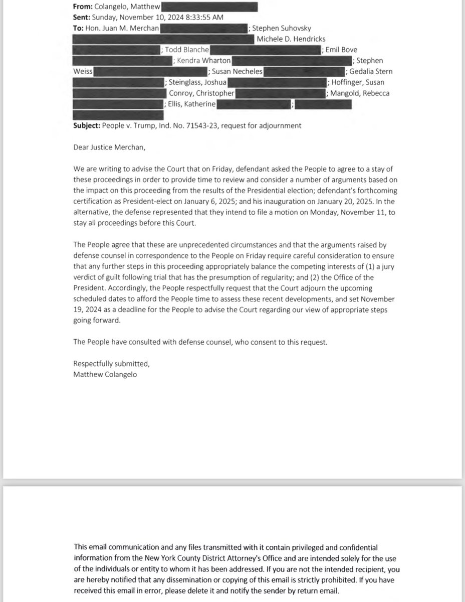 MeidasTouch's tweet photo. NEW: Justice Merchan approved a joint request to delay deadlines, including Trump’s sentencing, in his New York case, to consider how his presidential election affects rulings, including immunity. The Manhattan DA noted the unprecedented need to balance Trump’s guilty verdict with his presidency.