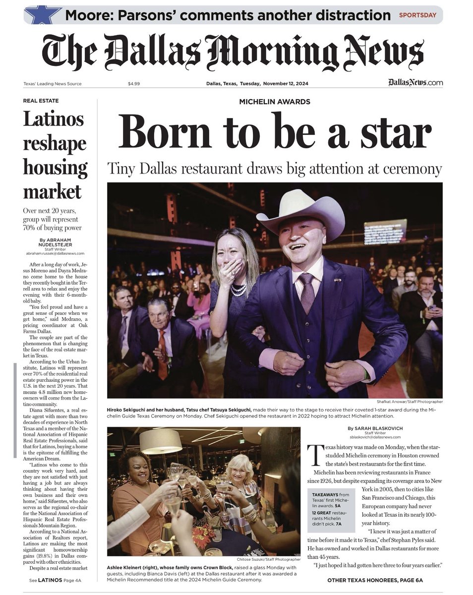 Sarah Blaskovich (@sblaskovich) on Twitter photo I can't put into words yet what it meant to cover Texas' inaugural Michelin awards.
I will think about the stories my <a href="/dallasnews/">Dallas Morning News</a> colleagues and I wrote yesterday for most of my career.
It was an army of effort. ALL THE FEELINGS with these beautiful print pages. I can't put into words yet what it meant to cover Texas' inaugural Michelin awards.
I will think about the stories my <a href="/dallasnews/">Dallas Morning News</a> colleagues and I wrote yesterday for most of my career.
It was an army of effort. ALL THE FEELINGS with these beautiful print pages.