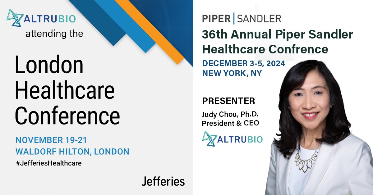 We are invited to attend the upcoming <a href="/Jefferies/">Jefferies</a> Healthcare Conference 2024 in London, Nov 19-21 &amp; our President and CEO, Dr. Judy Chou will present at the <a href="/PiperSandler/">PiperSandler</a> Annual Healthcare Conference 2024 in New York City, Dec. 3-5. Learn more here: bit.ly/3YMW3Ck