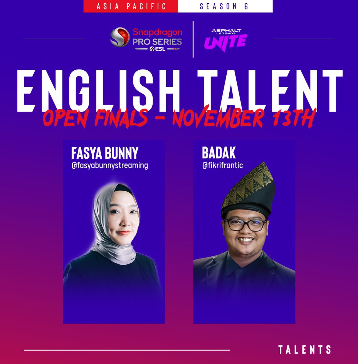 ESL Asphalt (@eslasphalt) on Twitter photo Players? β
Talents?β
Here's who you can see tomorrow during the <a href="/Snapdragon/">Snapdragon</a> Mobile Open Finals!
APJ: live from 16:00 SGT
EUR&MENA: live from 19:00 CET
#SnapdragonProSeries #ALUEsports Players? β
Talents?β
Here's who you can see tomorrow during the <a href="/Snapdragon/">Snapdragon</a> Mobile Open Finals!
APJ: live from 16:00 SGT
EUR&MENA: live from 19:00 CET
#SnapdragonProSeries #ALUEsports