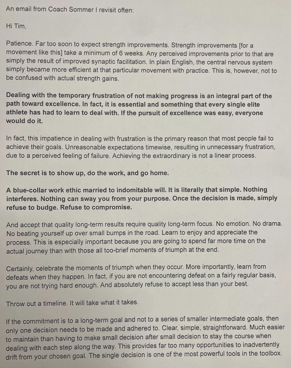 KennyD21m's tweet photo. This is an email from former US National Gymnastics coach Chris Sommer to @tferriss. 

I printed it out, and it's one of the few things I keep on my desk. 

The ultimate competitive advantage is having the discipline to keep going when others quit. https://t.co/e8kpjSJCQm