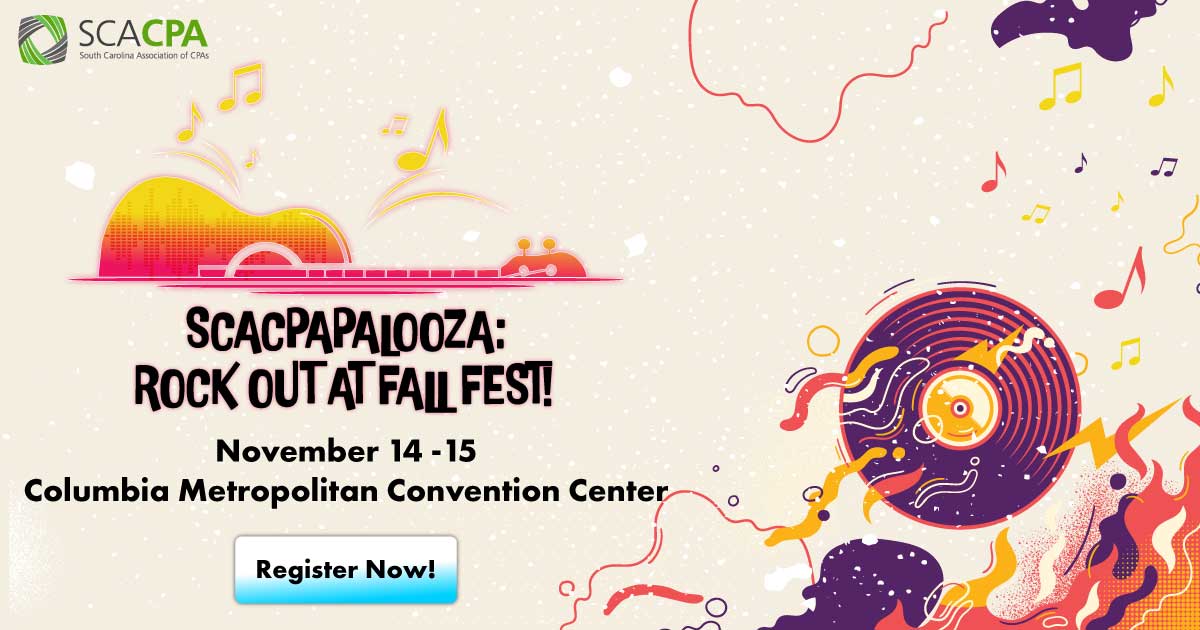 🎸 SCACPApalooza is almost here—still time to grab your spot! 🎸Join SC’s CPA crowd for 2 days of networking, learning, and good vibes! 
📅 Nov 14-15
📍 Columbia Metropolitan Convention Center
🎟️ Register now! scacpa.org/fall-fest/