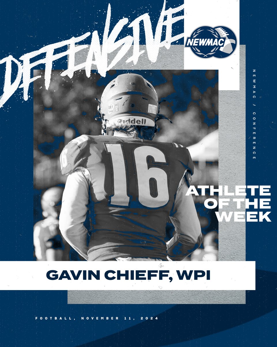 NEWMAC (@newmacsports) on Twitter photo FOOTBALL 🏈
DEFENSIVE ATHLETE OF THE WEEK
<a href="/WPIAthletics/">WPI Athletics</a> Gavin Chieff amassed a career-high 19 tackles, an interception and a pass breakup versus Salve. His 19 tackles is tied for 8th most in Division III this season.
ow.ly/9O3v50U594z
#GoNEWMAC // #WhyD3 FOOTBALL 🏈
DEFENSIVE ATHLETE OF THE WEEK
<a href="/WPIAthletics/">WPI Athletics</a> Gavin Chieff amassed a career-high 19 tackles, an interception and a pass breakup versus Salve. His 19 tackles is tied for 8th most in Division III this season.
ow.ly/9O3v50U594z
#GoNEWMAC // #WhyD3