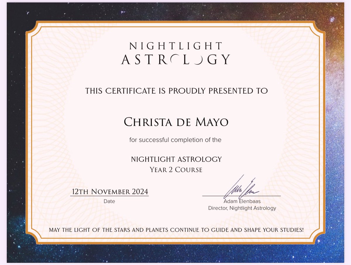 Today is my half-a-birthday, 🖤 I began my Nightlight Astrology courses on this date 2 years ago &amp; today receive my Year 2 certificate this morning. 1H/7H eclipses are a *thing*
Many thanks for the exceptional instruction from Adam and all of the NL team. NL25