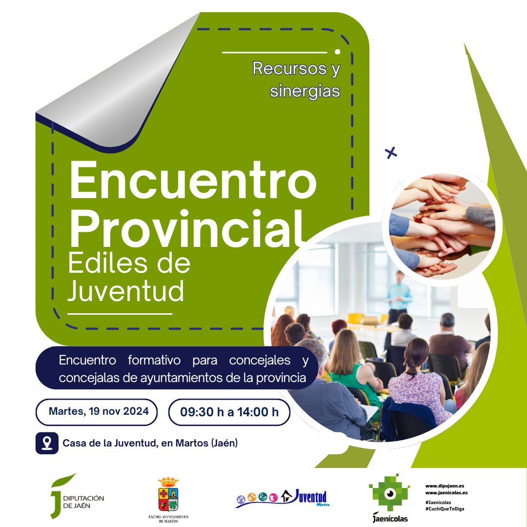 ENCUENTRO PROVINCIAL DE EDILES DE JUVENTUD
🗓️ Fecha: 𝐌𝐚𝐫𝐭𝐞𝐬, 𝟏𝟗 𝐝𝐞 𝐧𝐨𝐯𝐢𝐞𝐦𝐛𝐫𝐞 𝐝𝐞 𝟐𝟎𝟐𝟒
⏰ Hora: 𝐃𝐞 𝟎𝟗:𝟑𝟎 𝐡 𝐚 𝟏𝟒:𝟎𝟎 𝐡
📍 Lugar: 𝐂𝐚𝐬𝐚 𝐝𝐞 𝐥𝐚 𝐉𝐮𝐯𝐞𝐧𝐭𝐮𝐝, 𝐌𝐚𝐫𝐭𝐨𝐬 (𝐉𝐚é𝐧)
📝Inscripción: cutt.ly/concejaliasjuv…