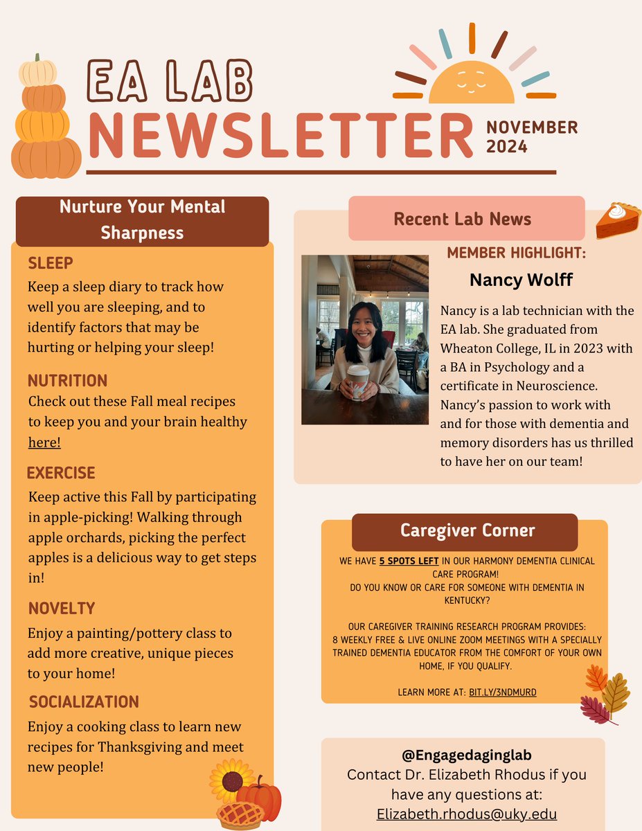 The November newsletter has arrived! Please take time to read through as this month includes new tips to keep you active, warm, and falling in love with being healthy this November month!
Recipes:
maketimewellness.com/.../5-quick-ea…...
Our caregiver program: ccts.uky.edu/.../are-you-ca…...