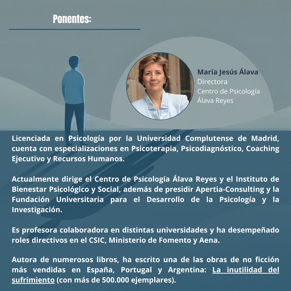 Educación/Psicología (@edupsicounav) on Twitter photo En la jornada, contaremos con psicólogos de prestigio, como <a href="/mjalavareyes/">Mª Jesús Álava Reyes</a>, directora de <a href="/PsicoAlavaReyes/">Centro de Psicología Álava Reyes</a> que impartirá la ponencia 'La psicología, la mejor aliada de la salud mental'
🗓️26/11🕡18:15📍Universidad de Navarra.
Campus Madrid
🔴Aforo limitado👉 bit.ly/3YRaqqr En la jornada, contaremos con psicólogos de prestigio, como <a href="/mjalavareyes/">Mª Jesús Álava Reyes</a>, directora de <a href="/PsicoAlavaReyes/">Centro de Psicología Álava Reyes</a> que impartirá la ponencia 'La psicología, la mejor aliada de la salud mental'
🗓️26/11🕡18:15📍Universidad de Navarra.
Campus Madrid
🔴Aforo limitado👉 bit.ly/3YRaqqr