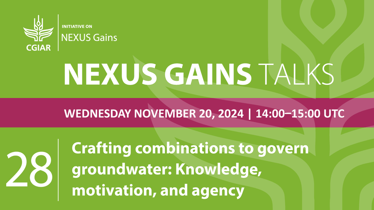 NEXUS Platform (@nexusplatform) on Twitter photo Groundwater is a vital resource for water supply, irrigation, & ecosystems, but difficult to govern. ⚖️
Join this #NEXUSGainsInitiative webinar to discover research on effective governance ➡️ bit.ly/4hCutjF
With <a href="/Ruth_Meinzen_D/">Ruth Meinzen-Dick</a>, Richu Sanil, <a href="/mzwarteveen/">Margreet Zwarteveen 🐾🦢🐙</a>, <a href="/bryanbruns/">Bryan Randolph Bruns</a> Groundwater is a vital resource for water supply, irrigation, & ecosystems, but difficult to govern. ⚖️
Join this #NEXUSGainsInitiative webinar to discover research on effective governance ➡️ bit.ly/4hCutjF
With <a href="/Ruth_Meinzen_D/">Ruth Meinzen-Dick</a>, Richu Sanil, <a href="/mzwarteveen/">Margreet Zwarteveen 🐾🦢🐙</a>, <a href="/bryanbruns/">Bryan Randolph Bruns</a>