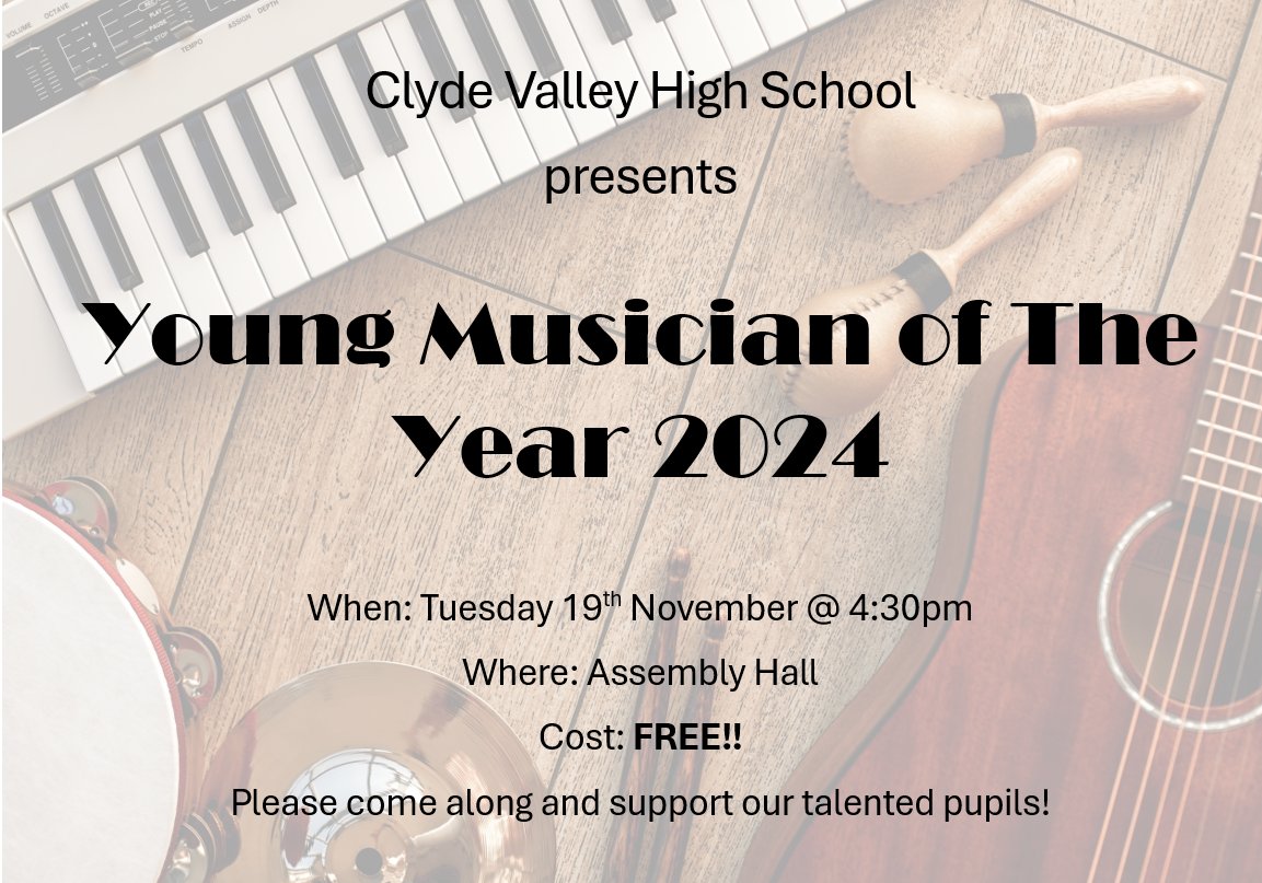Clyde Valley Music (@music_cvhs) on Twitter photo We are hosting our annual Young Musician of The Year next Tuesday, 19th November in the Assembly Hall at 4:30pm. It would be lovely to see as many of you as possible at this FREE event to support our talented pupils! <a href="/ClydeValleyHS/">Clyde Valley High School</a> <a href="/nlcpeople/">NorthLanCouncil</a> We are hosting our annual Young Musician of The Year next Tuesday, 19th November in the Assembly Hall at 4:30pm. It would be lovely to see as many of you as possible at this FREE event to support our talented pupils! <a href="/ClydeValleyHS/">Clyde Valley High School</a> <a href="/nlcpeople/">NorthLanCouncil</a>