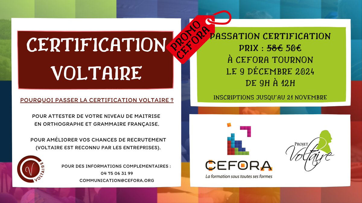 CEFORA07's tweet photo. Besoin d'une #certification attestant de votre niveau de maîtrise de la #grammaire et de l'#orthographe, reconnue par les entreprises ?
La certification #Voltaire est là ! Et comme c'est bientôt #Noël, il y a une #promotion pour la passation du 9 décembre à #Tournon (#Ardèche). https://t.co/4TUnRKzQDg