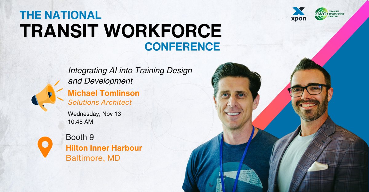 XpanInteractive's tweet photo. Xpan is at the @Transitworkforcecenter Conference 2024 in Baltimore!

From powerpoints to XR, asynchronous and blended learning, your organization's training matters. Don’t miss this chance to connect with Matt and Michael.
📅 November 11-13
📍 Booth 9

#TransitWorkforce https://t.co/UkzTbcHPkX