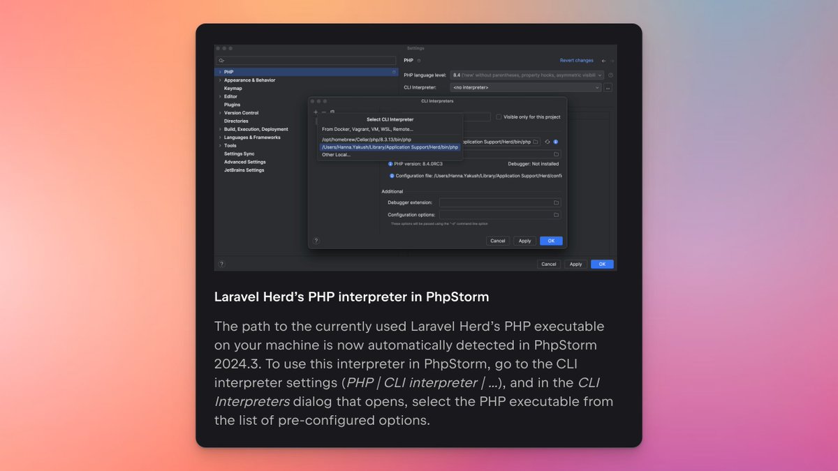 Marcel Pociot 🧪 (@marcelpociot) on Twitter photo The upcoming version of <a href="/phpstorm/">PhpStorm, a JetBrains IDE</a> adds auto-detection of Laravel Herd PHP binaries 🔥 The upcoming version of <a href="/phpstorm/">PhpStorm, a JetBrains IDE</a> adds auto-detection of Laravel Herd PHP binaries 🔥
