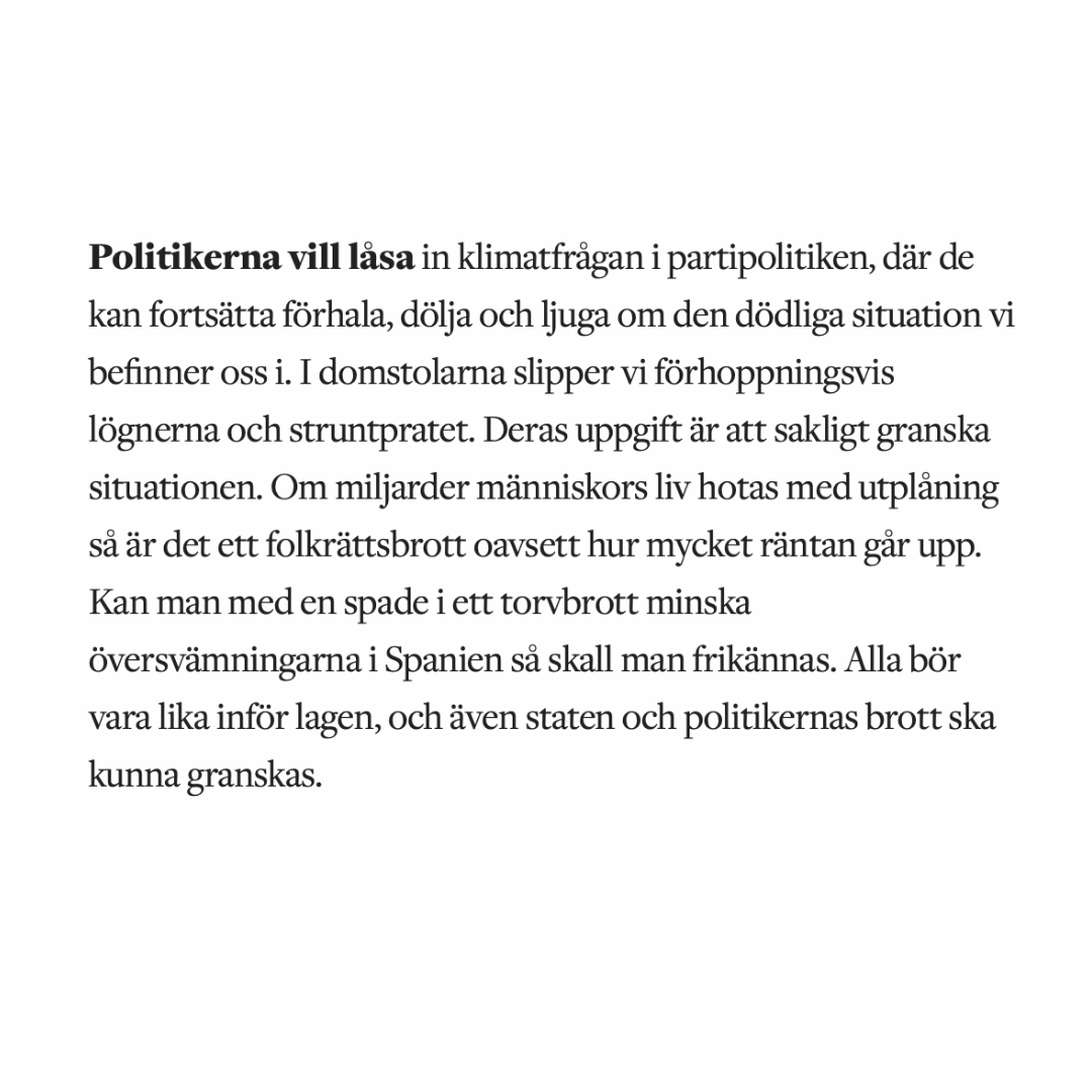 DEBATTARTIKEL I FLAMMAN IDAG!

Med ett politiskt system som inte kan hantera vår tids ödesfråga måste vi arbeta för att bredda demokratin.

Dags att vakna. Fredligt motstånd är inte aktivism - det är självförsvar. Ta första steget in i motståndet idag: tinyurl.com/4mfukbcm