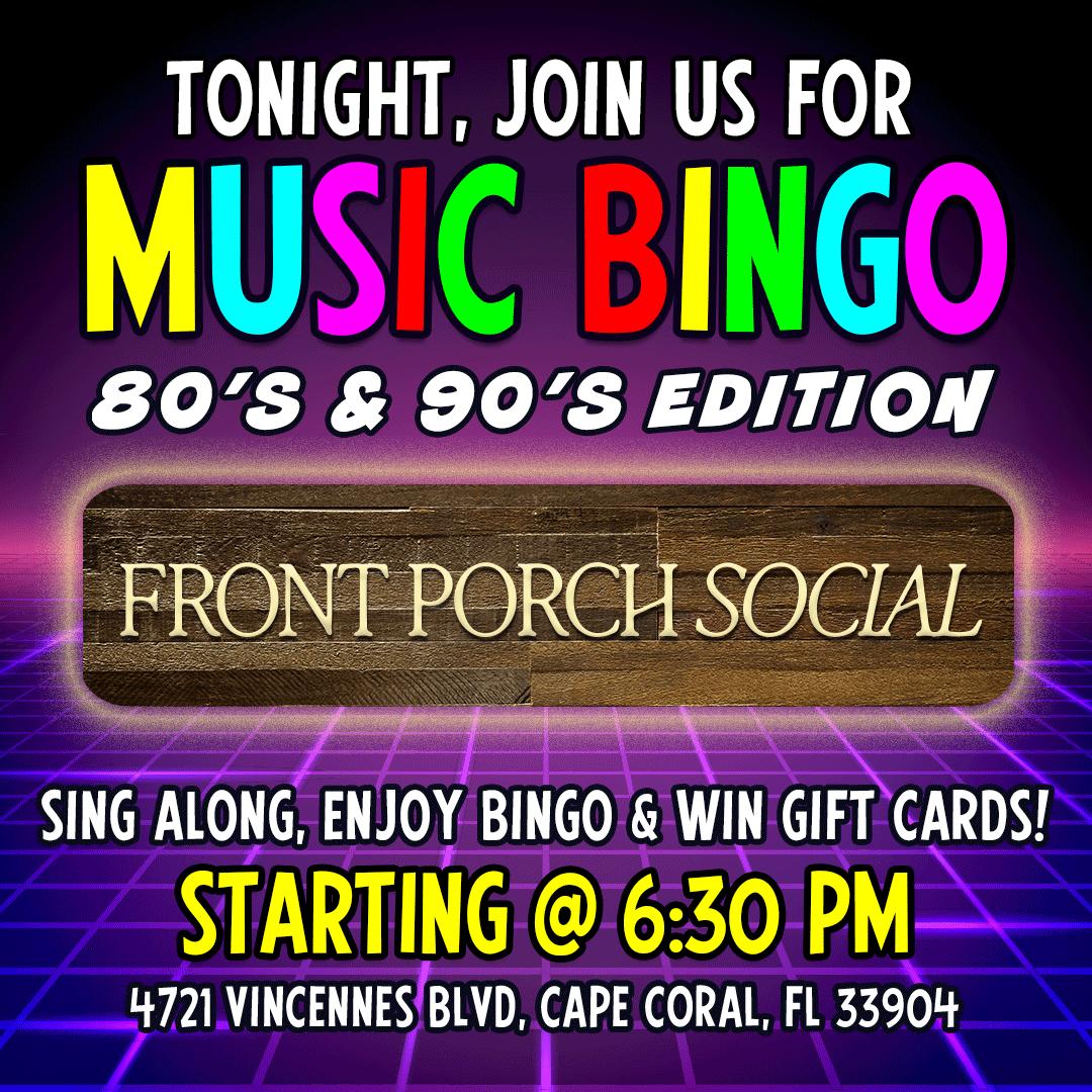 🎶🕹️ Break out your neon and flannel—it’s MUSIC BINGO NIGHT at Front Porch Social! Enjoy a special menu of l tiki cocktails, classic 80s and 90s tunes, and tasty bites. Win gift cards and soak up the throwback vibes starting at 6:30pm. Don’t miss the fun! ✨