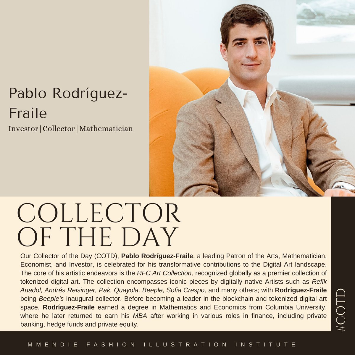 💕✏️📒Courtesy of Mmendie Fashion Illustration Institute, Our dear Collector of The Day is the great <a href="/pablorfraile/">Pablo</a> 

Pablo, a leading Patron of Arts, Mathematician, Economist &amp; Investor is celebrated for his transformative contributions to the Digital Art landscape…👇