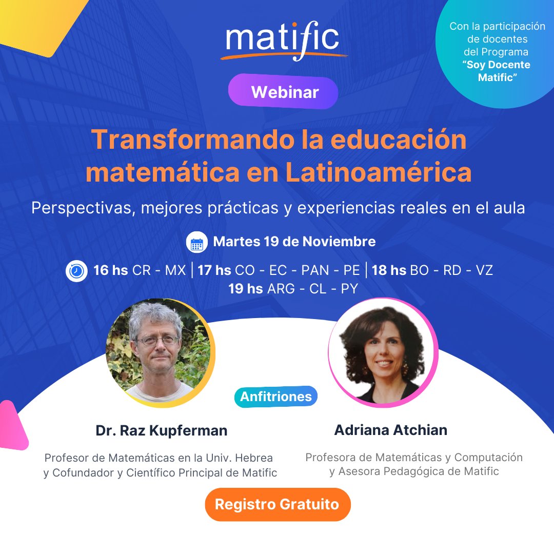 Matific Teacher Summit 🎓 
Transformando la educación matemática: Perspectivas, mejores prácticas y experiencias reales en el aula.
Martes 19 de noviembre🕗 16 hs CR - MX | 17 hs CO - EC - PAN - PE 18 hs BO - RD - VZ | 19 hs ARG - CL - PY  
Gratis 👉 bit.ly/4fgd9j6