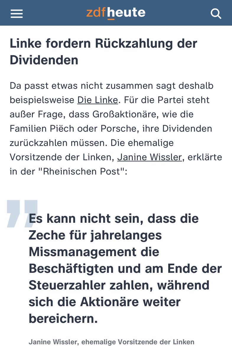 Janine_Wissler's tweet photo. #VW-Großaktionäre, wie die Familien Piëch oder Porsche, müssen ihre Dividenden zurückzahlen! Es kann nicht sein, dass die Zeche für jahrelanges Missmanagement die Beschäftigten und die Steuerzahler zahlen, während die Aktionäre reicher werden.
#volkswagen

https://t.co/vmQV1SClRM https://t.co/dY3ohdYCBR