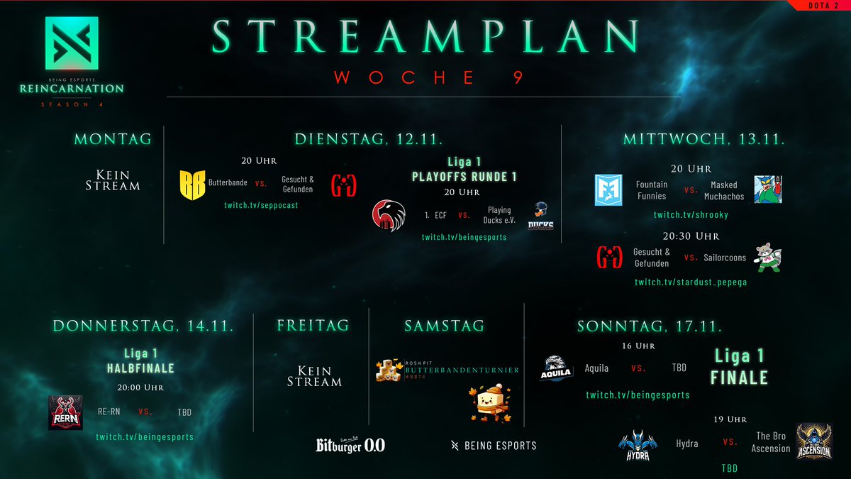 Streamplan Woche 9

In der 1. Liga stehen die Playoffs an, während sich in Liga 2 und 4 die Platzierung für die Playoffs entscheidet! 

Viel Spaß allerseits bei den Streams und <a href="/bitburger00/">bitburger00</a>