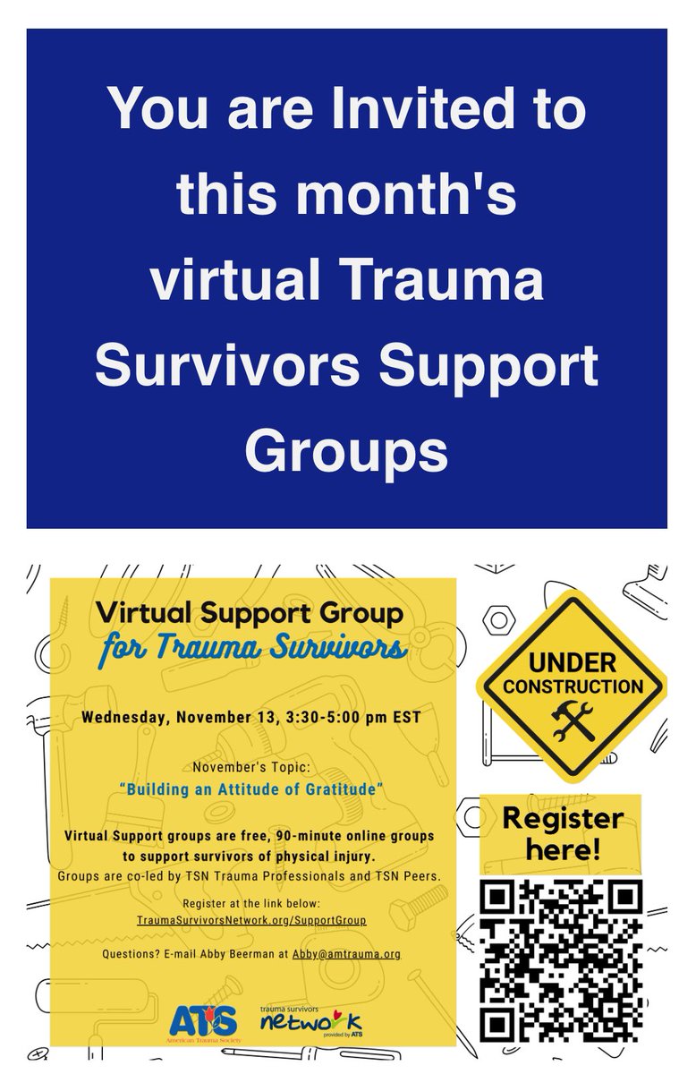 TraumaOutreach1's tweet photo. “BUILDING AN ATTITUDE OF GRATITUDE” 💪🏼🩵💙🙏🏼
Join us at this month’s virtual support group! They are free and last about 90 minutes!  If you have questions, feel free to message us! @uc_health @TraumaSurvivors 

https://t.co/TPCHQ0O1Ok https://t.co/N1U1URzVUE