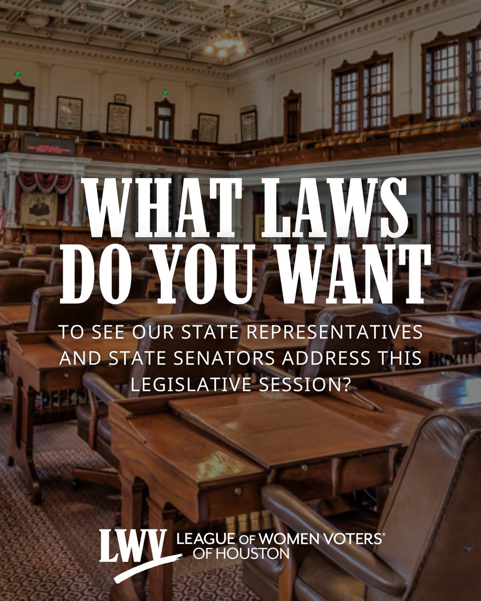 Civic engagement doesn't end at voting! What laws or policies would you like to see your elected officials address this session? Comment below with the issues that matter most to you! 📢

#lwvhouston #txlege #texaslegislature #houstonvoter #lwvtx #leagueofwomenvoters