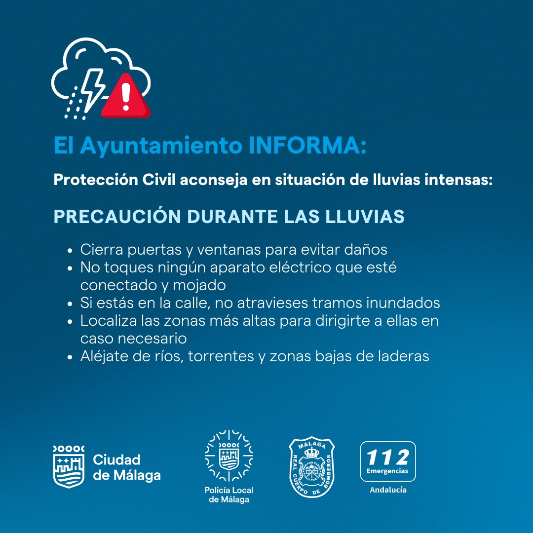 malaga's tweet photo. Consejos de prevención de Protección Civil del Ayuntamiento de Málaga ante el aviso naranja por precipitaciones a partir de la madrugada de este martes en Málaga. https://t.co/TbhTOkzhA6