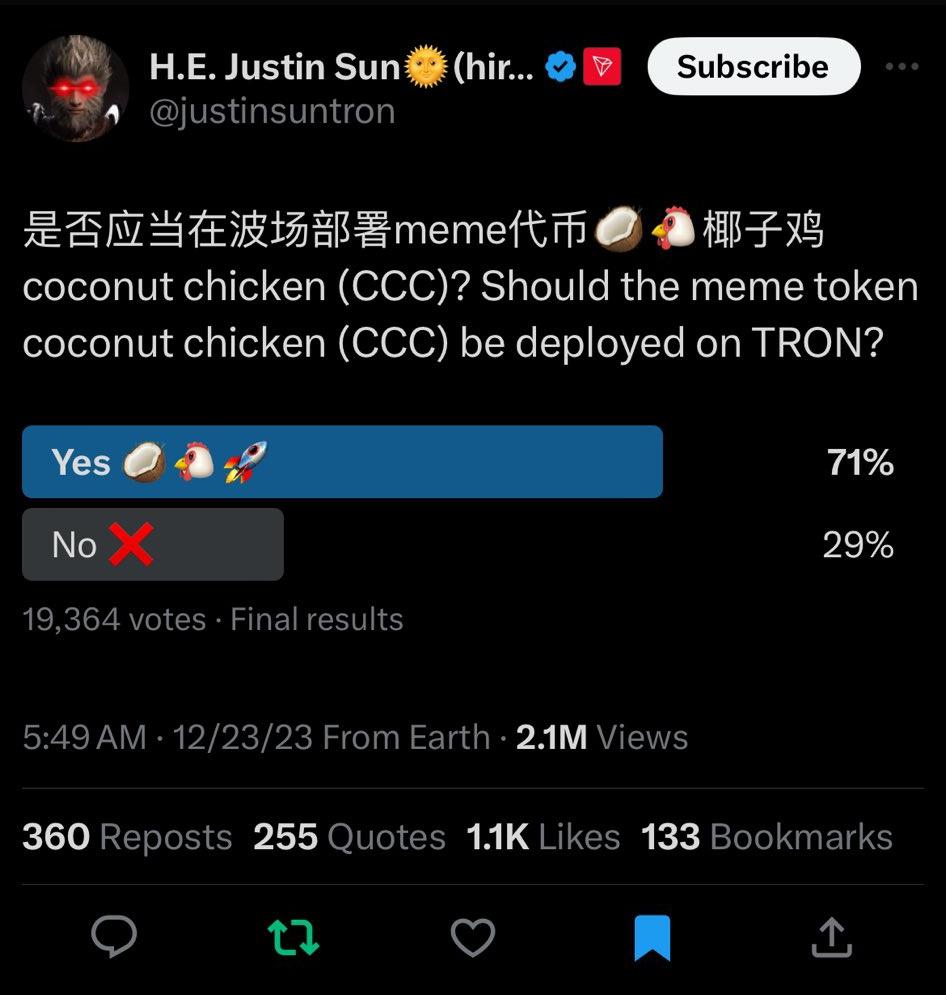When the Solana Meme wave started last year, <a href="/justinsuntron/">H.E. Justin Sun 👨‍🚀 🌞</a> tweeted about creating a meme called Coconut Chicken(CCC) on 23rd December 2023.

That's where the whole $CCC <a href="/CCCTRX20/">Coconut Chicken (CCC)</a> and the #TronMemeSeason story begin.

I think it is time for Justin Sun to show the $CCC love ❤️.