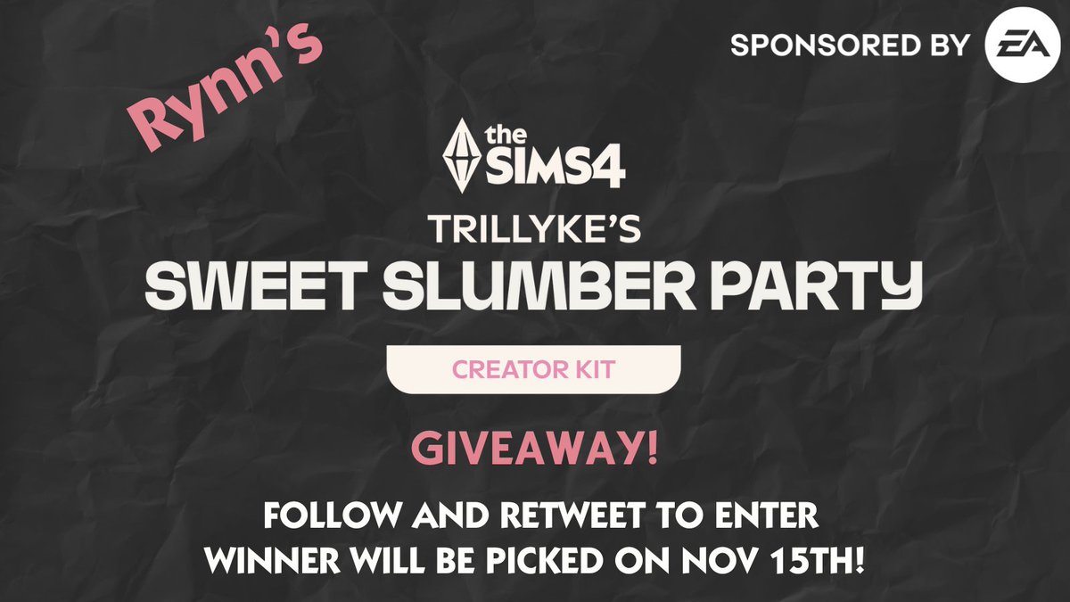 RynnOfficial's tweet photo. A huge thank you to EA and The Sims team for providing a copy of Trillyke’s Sweet Slumber Party kit to give away!

TO ENTER: 
🩷 Follow me (@RynnOfficial)
🩷 Retweet!

Winner will be notified on November 15th! Good luck! #ad https://t.co/Tdzfp0MLPo