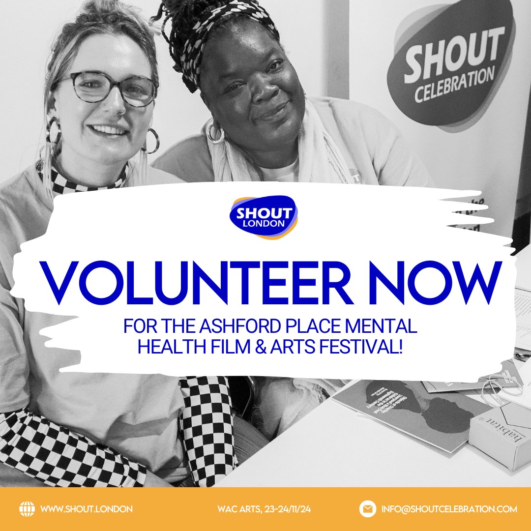 We are looking for volunteers!

Be part of the team for our two-day Film &amp; Arts Festival, opening the conversation about Mental Health being held at <a href="/wacarts/">Wac Arts</a> in Belsize Park, get in touch!

Contact: info@shoutcelebration.com

#ShoutLondon2024 #MentalHealthAwareness  #ArtFestival